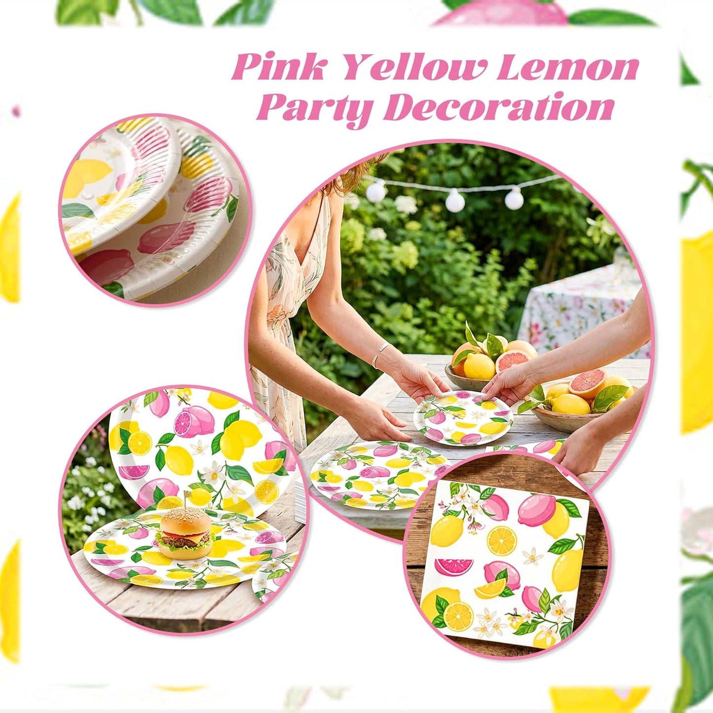 Pink Yellow Lemon Plates and Napkins Lemon Themed Baby Shower Party Decorations Capri Paper Plates Napkins Tableware Decor Birthday Party Supplies