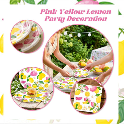 Pink Yellow Lemon Plates and Napkins Lemon Themed Baby Shower Party Decorations Capri Paper Plates Napkins Tableware Decor Birthday Party Supplies