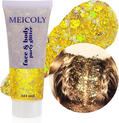 Gold Body Glitter,Yellow Face Glitter,Music Festival Singer Concert Outfits for Women,Holographic Hair Glitter Kids Makeup,Self-Adhesive Sparkle Face Body Glitter,Mardi Gras Accessories