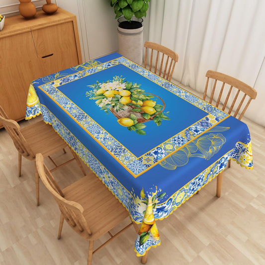 Lemon Flower Rectangle Tablecloth 70x108 Inch Vintage Rustic Yellow Lemon White Flower Blue Fabric Table Cloth Polyester Reusable Waterproof Table Cover for Garden Picnic Dining Party Decor