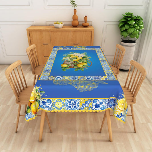Lemon Flower Rectangle Tablecloth 70x108 Inch Vintage Rustic Yellow Lemon White Flower Blue Fabric Table Cloth Polyester Reusable Waterproof Table Cover for Garden Picnic Dining Party Decor