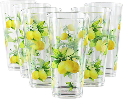 Calypso Basics Fresh Lemons 19 oz Acrylic Drinkware Set of 6 – BPA-Free, Indoor/Outdoor, Dishwasher Safe, Lemons with Bees