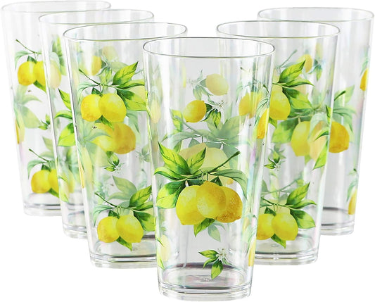 Calypso Basics Fresh Lemons 19 oz Acrylic Drinkware Set of 6 – BPA-Free, Indoor/Outdoor, Dishwasher Safe, Lemons with Bees