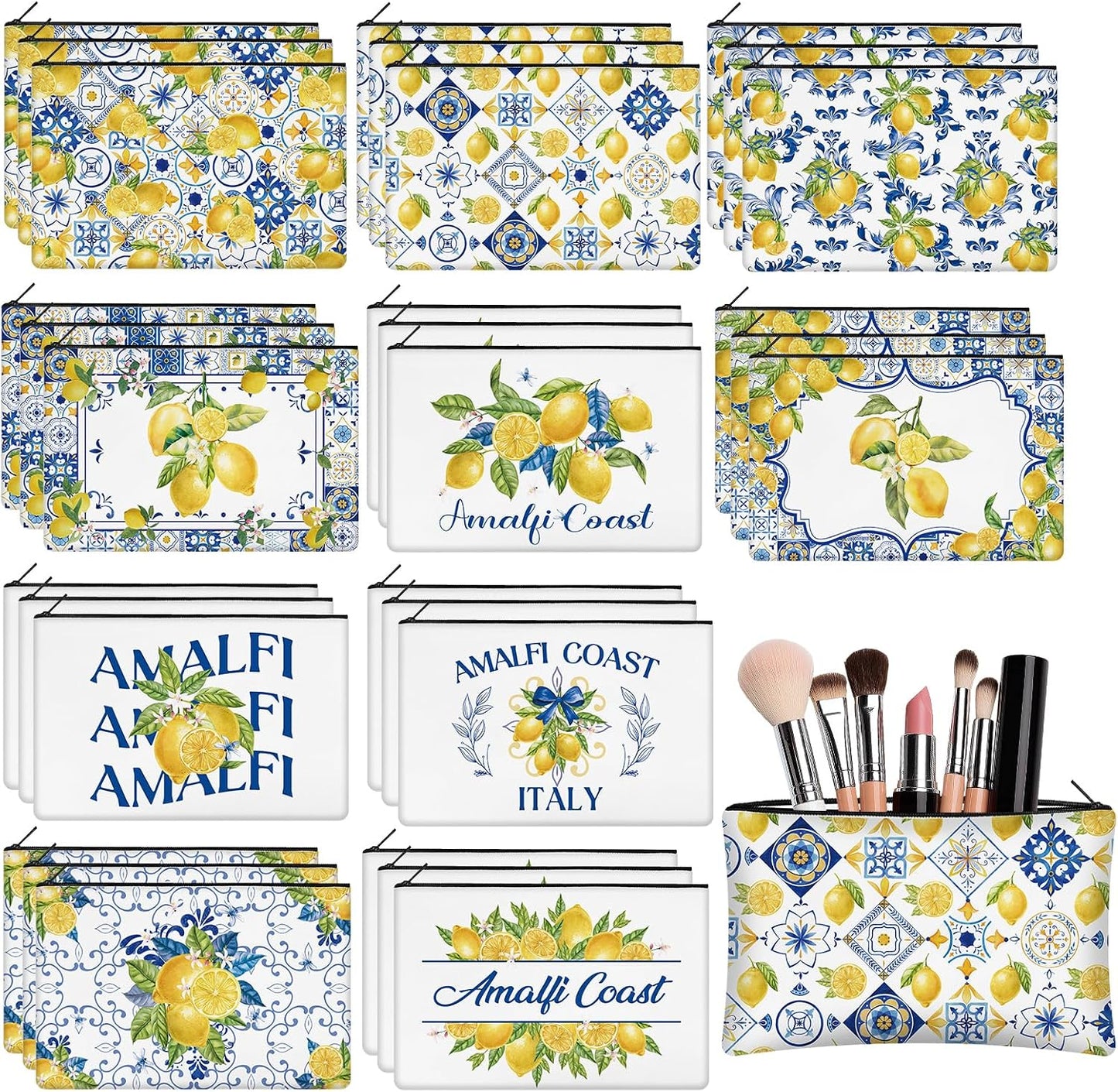 30 Pcs Amalfi Coast Makeup Bags Romantic Lemon Canvas Cosmetic Zipper Pouches with Blue Yellow Makeup Bag Bulk Canvas Cosmetic Travel Toiletry Pouch for Women Bachelorette Birthday Gifts