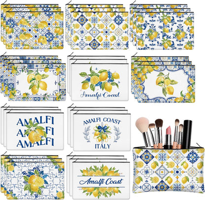 30 Pcs Amalfi Coast Makeup Bags Romantic Lemon Canvas Cosmetic Zipper Pouches with Blue Yellow Makeup Bag Bulk Canvas Cosmetic Travel Toiletry Pouch for Women Bachelorette Birthday Gifts