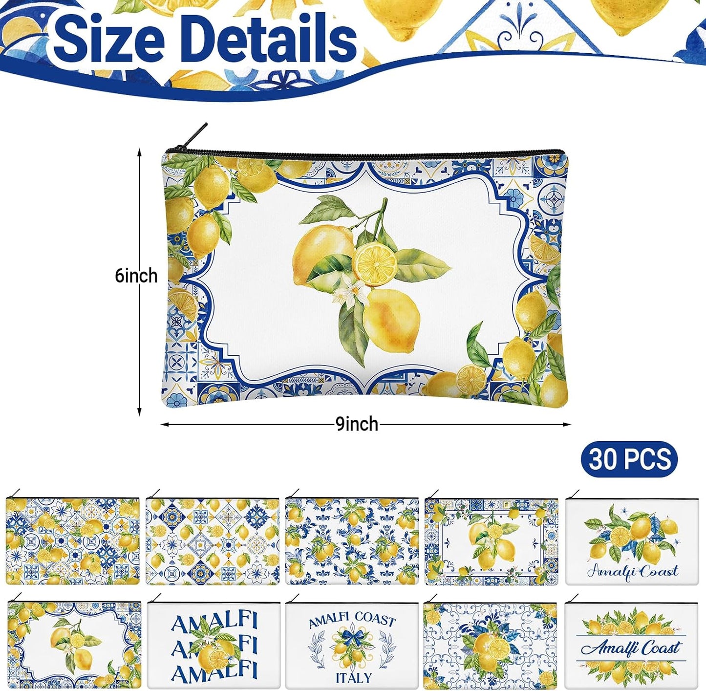 30 Pcs Amalfi Coast Makeup Bags Romantic Lemon Canvas Cosmetic Zipper Pouches with Blue Yellow Makeup Bag Bulk Canvas Cosmetic Travel Toiletry Pouch for Women Bachelorette Birthday Gifts