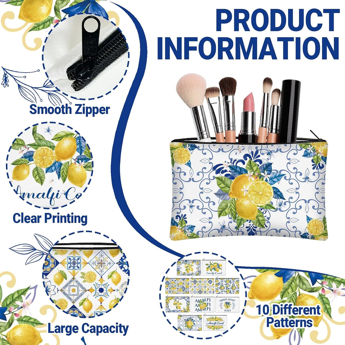 30 Pcs Amalfi Coast Makeup Bags Romantic Lemon Canvas Cosmetic Zipper Pouches with Blue Yellow Makeup Bag Bulk Canvas Cosmetic Travel Toiletry Pouch for Women Bachelorette Birthday Gifts