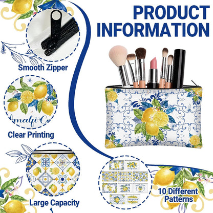 30 Pcs Amalfi Coast Makeup Bags Romantic Lemon Canvas Cosmetic Zipper Pouches with Blue Yellow Makeup Bag Bulk Canvas Cosmetic Travel Toiletry Pouch for Women Bachelorette Birthday Gifts