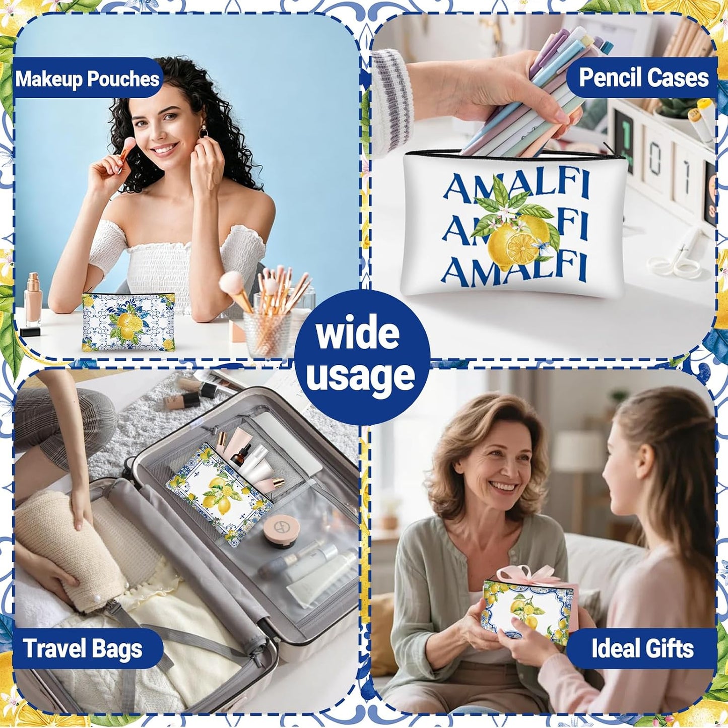 30 Pcs Amalfi Coast Makeup Bags Romantic Lemon Canvas Cosmetic Zipper Pouches with Blue Yellow Makeup Bag Bulk Canvas Cosmetic Travel Toiletry Pouch for Women Bachelorette Birthday Gifts