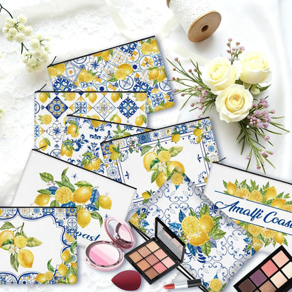 30 Pcs Amalfi Coast Makeup Bags Romantic Lemon Canvas Cosmetic Zipper Pouches with Blue Yellow Makeup Bag Bulk Canvas Cosmetic Travel Toiletry Pouch for Women Bachelorette Birthday Gifts