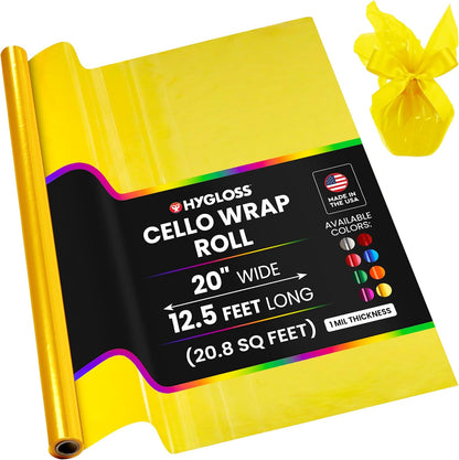 Hygloss Products Roll Cellophane Wrap for Crafts, Gifts, and Baskets 20 Inch x 12.5 Feet, Yellow