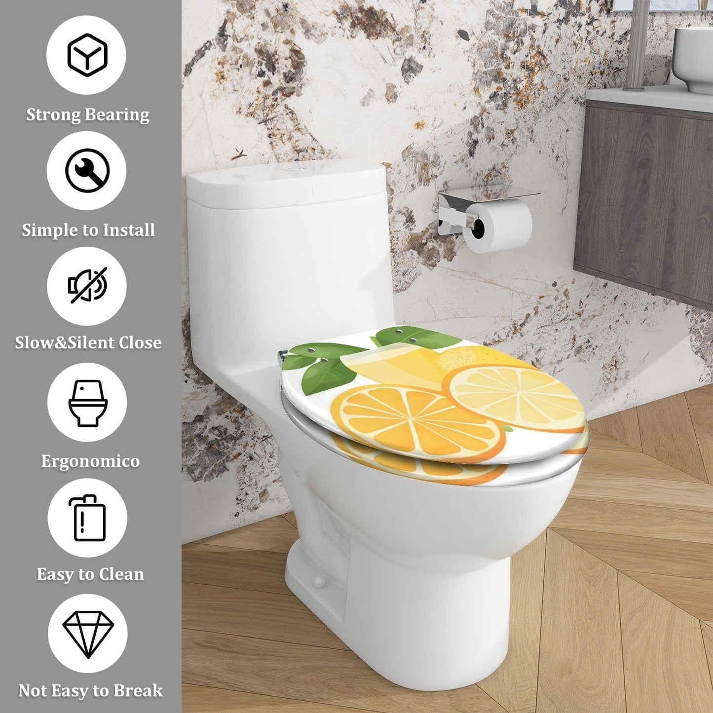 Elongated Toilet Seat lemon slice leaves transparent Art Resin Toilet Seat with Cover Easy to Install Quietly Close Quick Release Hinges Decorative