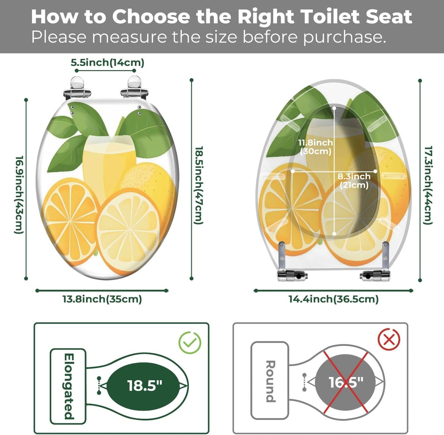 Elongated Toilet Seat lemon slice leaves transparent Art Resin Toilet Seat with Cover Easy to Install Quietly Close Quick Release Hinges Decorative