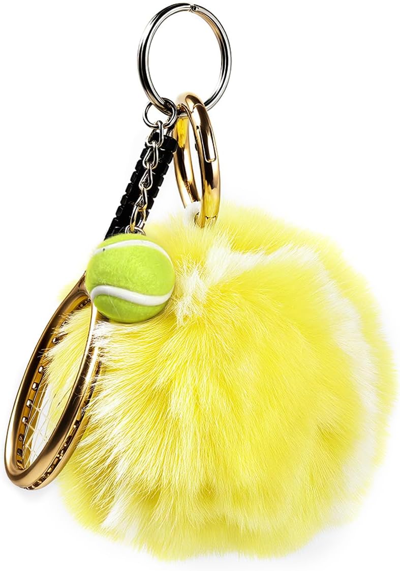 Cute Pom Pom Tennis Ball Key Chain Colorful Tennis Racket Key Rings Sports Gift for Women Men