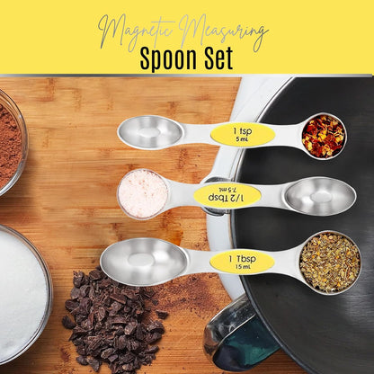 Magnetic Measuring Spoons Set of 9 Stainless Steel Dual-Sided Stackable Measuring Spoon Nesting Teaspoons Measuring Dry and Liquid Ingredients, Fits in Spice Jars Set of 9 (Yellow)