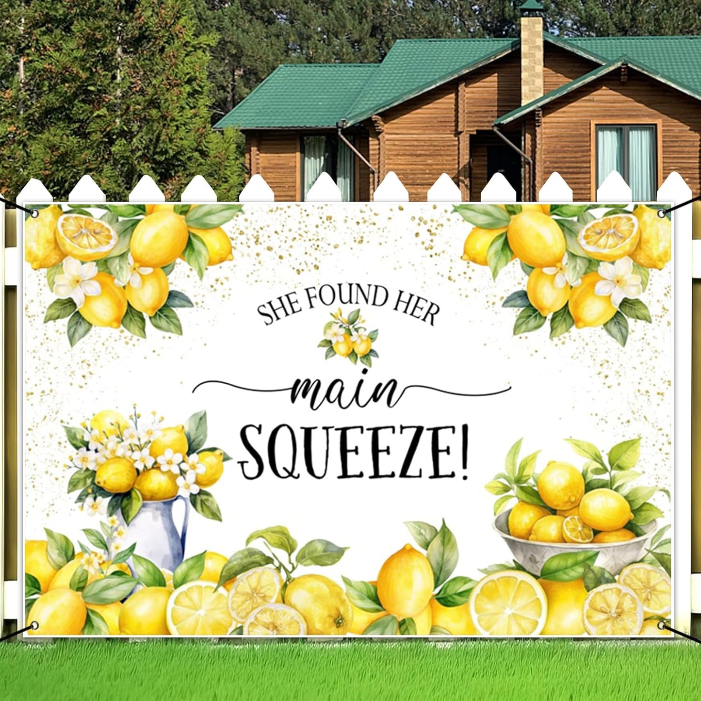 8x5ft She Found Her Main Squeeze Banner Lemon Themed Bridal Shower Party Decoration Lemonade Bachelorette Hanging Backdrop Green Lemon Bride to Be Wedding Engagement Party Cake Table Banner