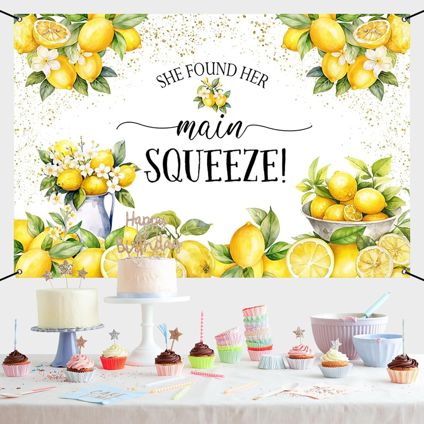 8x5ft She Found Her Main Squeeze Banner Lemon Themed Bridal Shower Party Decoration Lemonade Bachelorette Hanging Backdrop Green Lemon Bride to Be Wedding Engagement Party Cake Table Banner