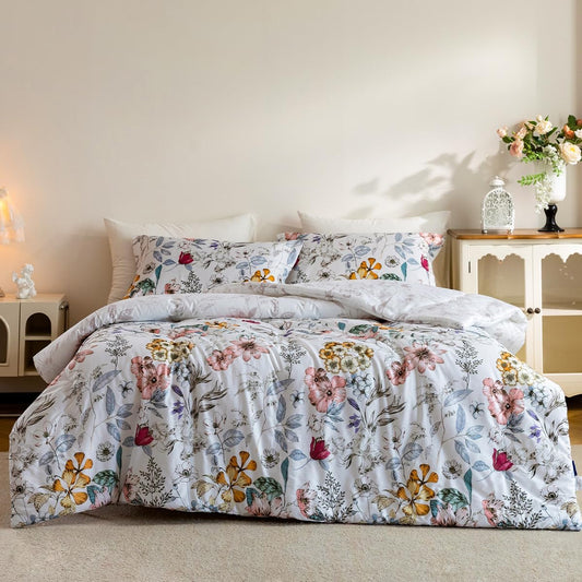 Comforter Queen Size, 600 Thread Count Cotton Pink & Yellow & Blue Floral Pattern Comforter Set,Down Alternative Bedding Set 3Pcs(Queen, Spring Whispers)
