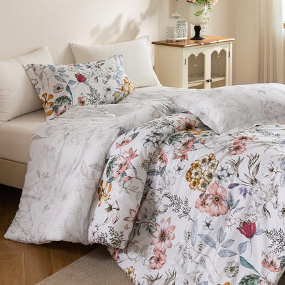 Comforter Queen Size, 600 Thread Count Cotton Pink & Yellow & Blue Floral Pattern Comforter Set,Down Alternative Bedding Set 3Pcs(Queen, Spring Whispers)