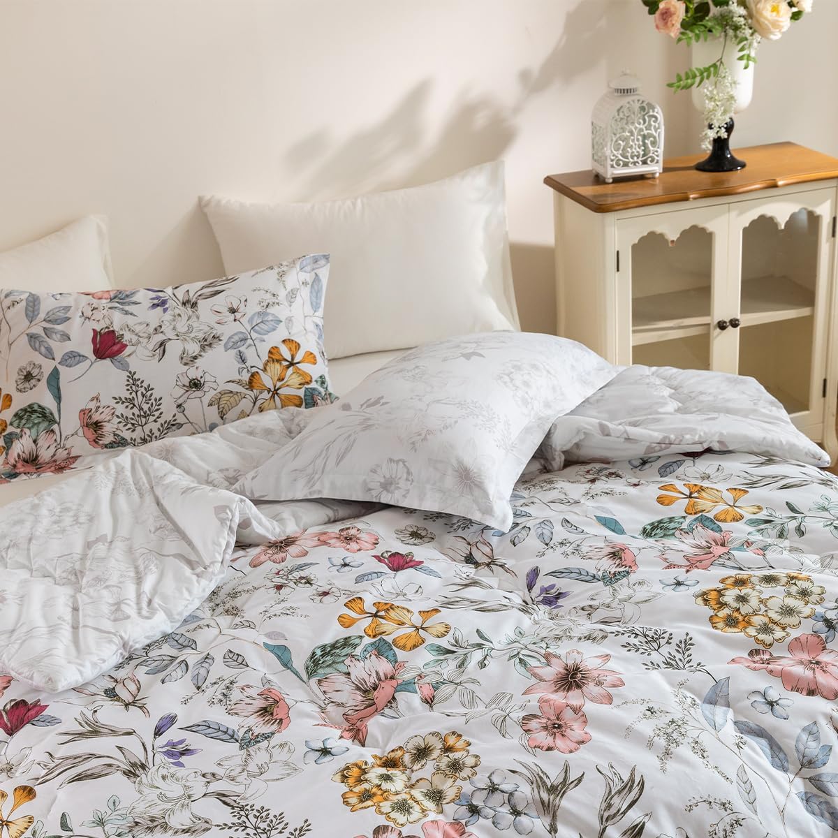 Comforter Queen Size, 600 Thread Count Cotton Pink & Yellow & Blue Floral Pattern Comforter Set,Down Alternative Bedding Set 3Pcs(Queen, Spring Whispers)