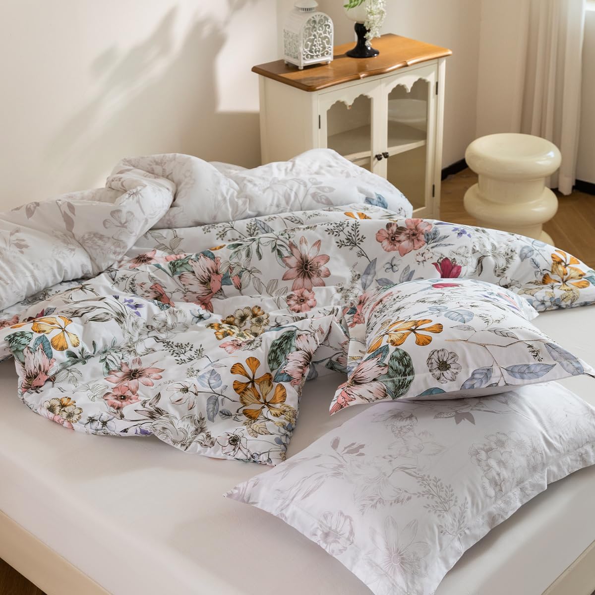 Comforter Queen Size, 600 Thread Count Cotton Pink & Yellow & Blue Floral Pattern Comforter Set,Down Alternative Bedding Set 3Pcs(Queen, Spring Whispers)