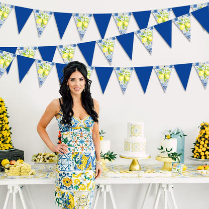 Blue and Lemon Party Decorations - 3pcs Lemon Bunting Banners, Lemonade Hanging Triangle Banner Garland for Lemon Wedding Engagement Bridal Shower Bachelorette Baby Shower Birthday Party