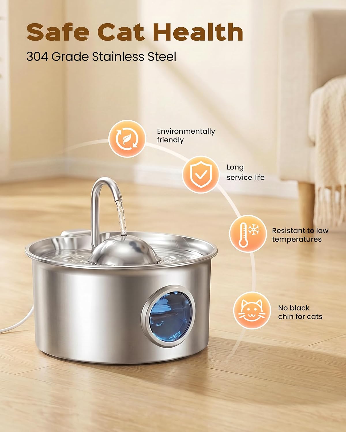Cat Water Fountain Stainless Steel: Pet Water Fountains for Cats Indoor - 88oz/2.6L Cat Fountains for Drinking - Quiet Hemispherical Shape - Automatic Pet Fountain Bowl Dispenser- Small Animals