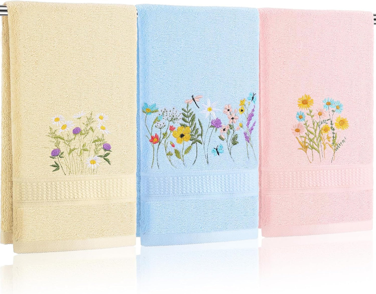 3 Pcs Pastel Wildflower Hand Towels Pink Blue Yellow Wildflower Floral Bath Towels 14x29 Inch Soft Cute Flower Washable Embroidered Decorative Spring Summer Cotton Decor for Bathroom Kitchen