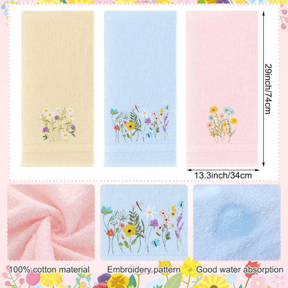 3 Pcs Pastel Wildflower Hand Towels Pink Blue Yellow Wildflower Floral Bath Towels 14x29 Inch Soft Cute Flower Washable Embroidered Decorative Spring Summer Cotton Decor for Bathroom Kitchen