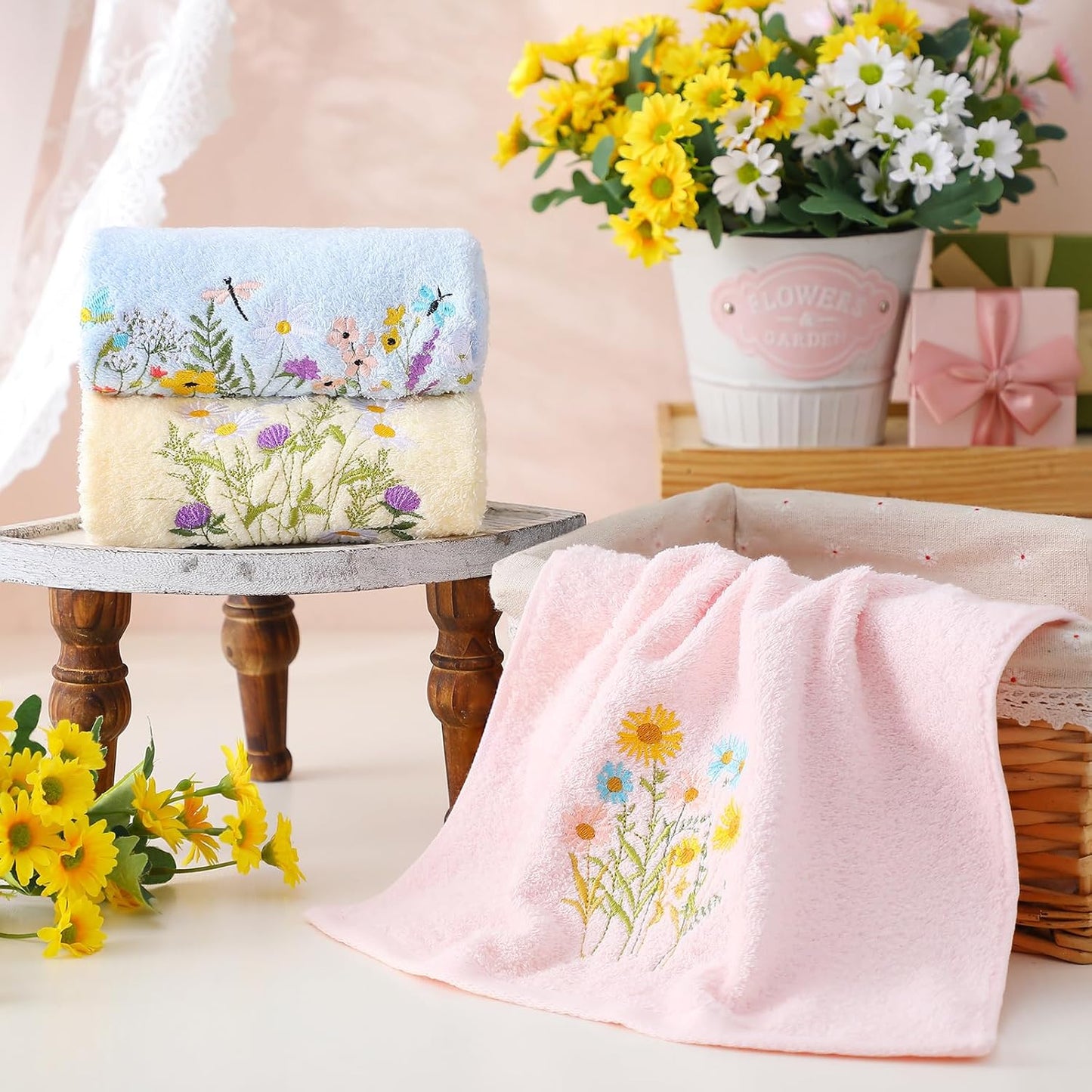 3 Pcs Pastel Wildflower Hand Towels Pink Blue Yellow Wildflower Floral Bath Towels 14x29 Inch Soft Cute Flower Washable Embroidered Decorative Spring Summer Cotton Decor for Bathroom Kitchen