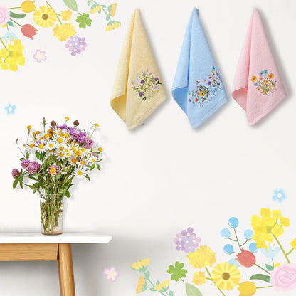 3 Pcs Pastel Wildflower Hand Towels Pink Blue Yellow Wildflower Floral Bath Towels 14x29 Inch Soft Cute Flower Washable Embroidered Decorative Spring Summer Cotton Decor for Bathroom Kitchen