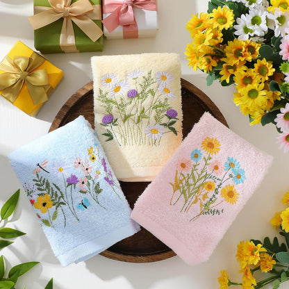3 Pcs Pastel Wildflower Hand Towels Pink Blue Yellow Wildflower Floral Bath Towels 14x29 Inch Soft Cute Flower Washable Embroidered Decorative Spring Summer Cotton Decor for Bathroom Kitchen