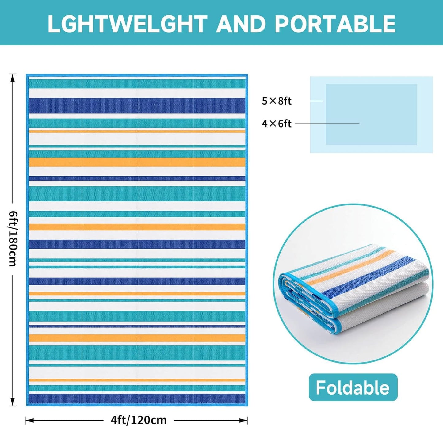 Outdoor Patio Plastic Rug Waterproof - Outdoor Rugs for Camper Outside, Rv, Porch Deck Clearance, Area Carpet for Outside, Balcony, Patio Decor, Blue & Yellow, 4x6 ft