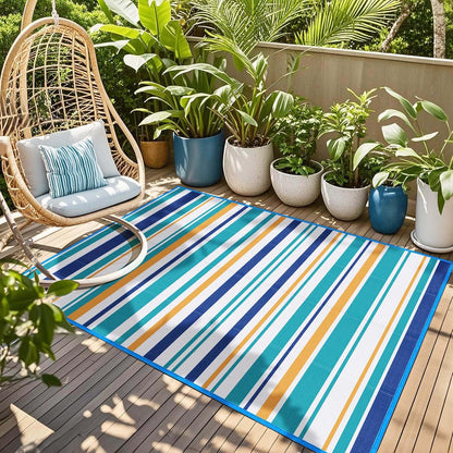 Outdoor Patio Plastic Rug Waterproof - Outdoor Rugs for Camper Outside, Rv, Porch Deck Clearance, Area Carpet for Outside, Balcony, Patio Decor, Blue & Yellow, 4x6 ft