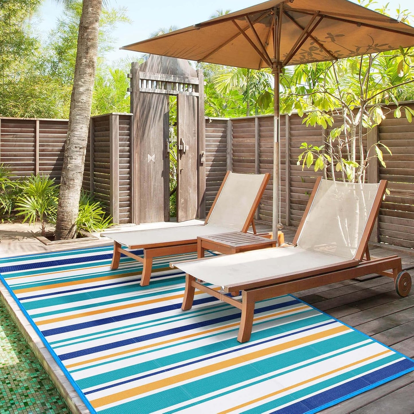 Outdoor Patio Plastic Rug Waterproof - Outdoor Rugs for Camper Outside, Rv, Porch Deck Clearance, Area Carpet for Outside, Balcony, Patio Decor, Blue & Yellow, 4x6 ft