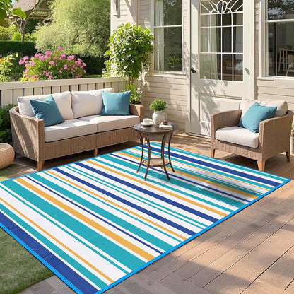 Outdoor Patio Plastic Rug Waterproof - Outdoor Rugs for Camper Outside, Rv, Porch Deck Clearance, Area Carpet for Outside, Balcony, Patio Decor, Blue & Yellow, 4x6 ft