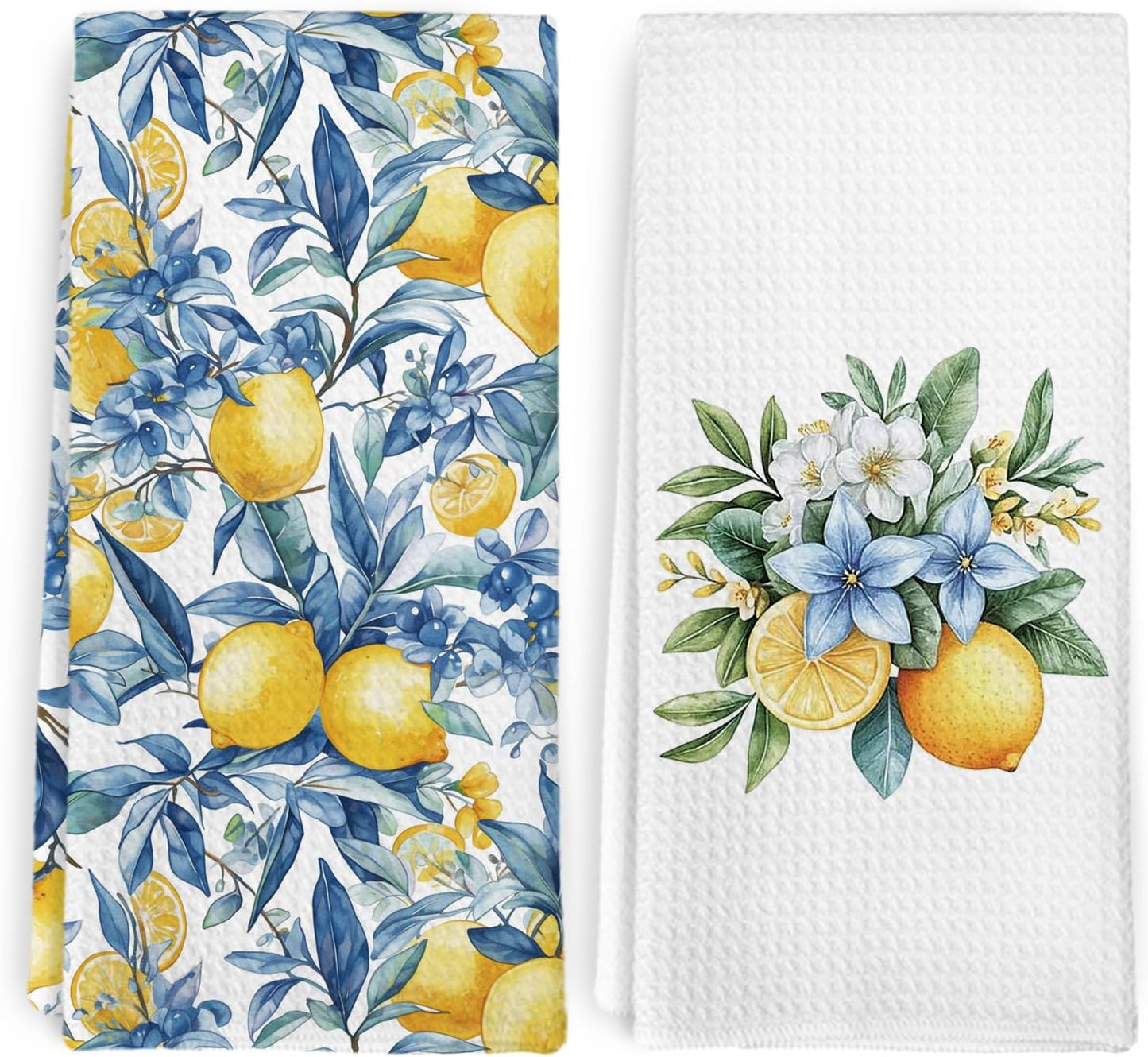 Mediterranean Lemon Kitchen Towels Set of 2, Mediterranean Bathroom Decor, Lemon Coast Decor Dish Towel, Sicilian Lemons Decorative Hand Tea Towels for Bathroom Kitchen Decor, 16x24 Inch