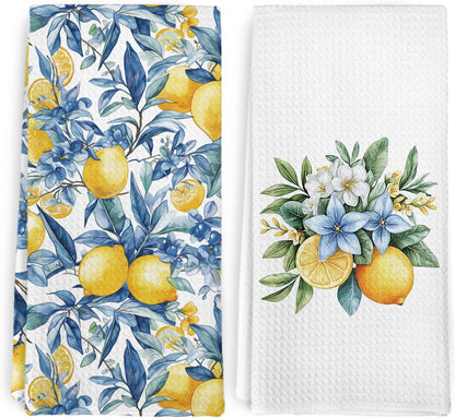 Mediterranean Lemon Kitchen Towels Set of 2, Mediterranean Bathroom Decor, Lemon Coast Decor Dish Towel, Sicilian Lemons Decorative Hand Tea Towels for Bathroom Kitchen Decor, 16x24 Inch