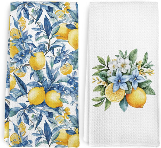 Mediterranean Lemon Kitchen Towels Set of 2, Mediterranean Bathroom Decor, Lemon Coast Decor Dish Towel, Sicilian Lemons Decorative Hand Tea Towels for Bathroom Kitchen Decor, 16x24 Inch