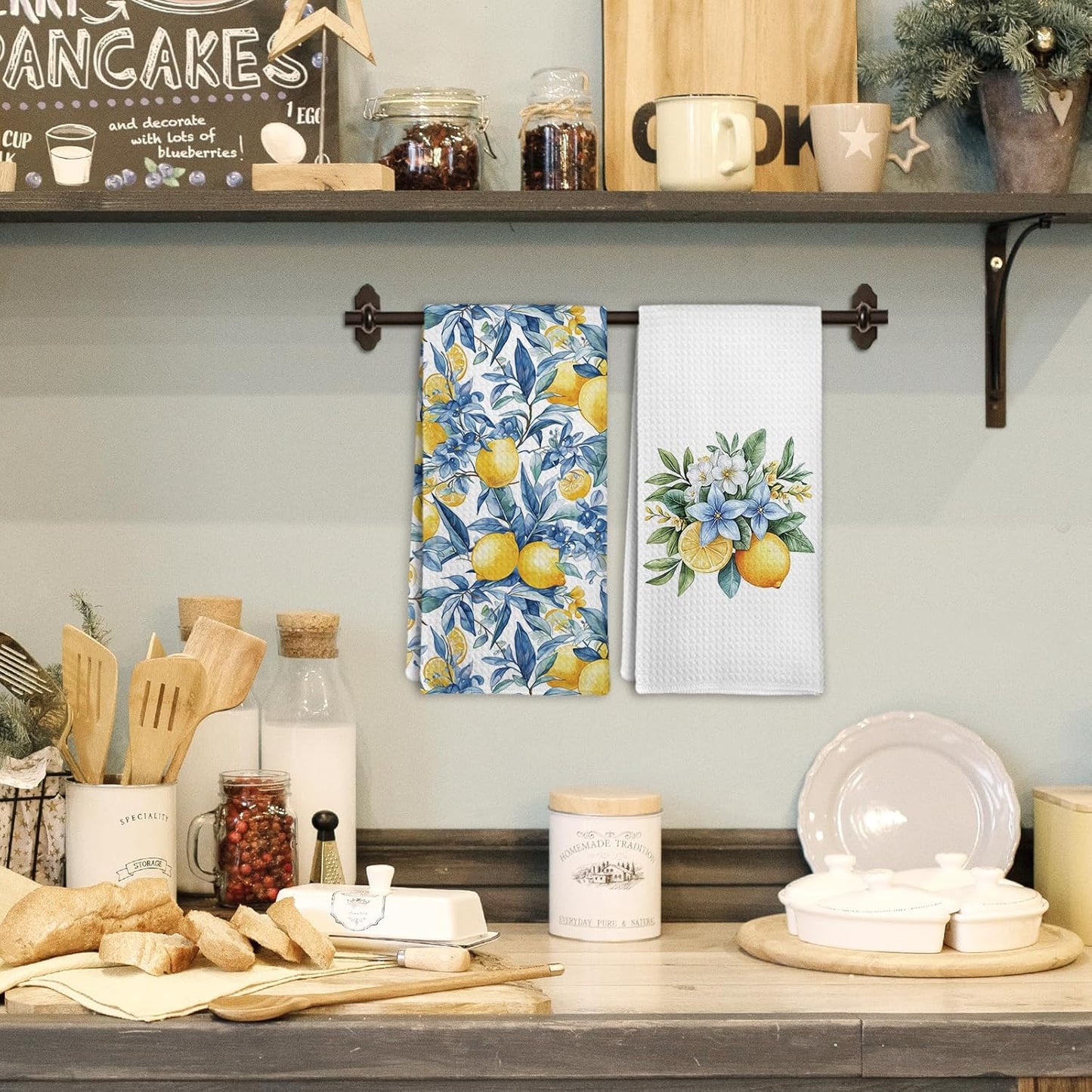 Mediterranean Lemon Kitchen Towels Set of 2, Mediterranean Bathroom Decor, Lemon Coast Decor Dish Towel, Sicilian Lemons Decorative Hand Tea Towels for Bathroom Kitchen Decor, 16x24 Inch