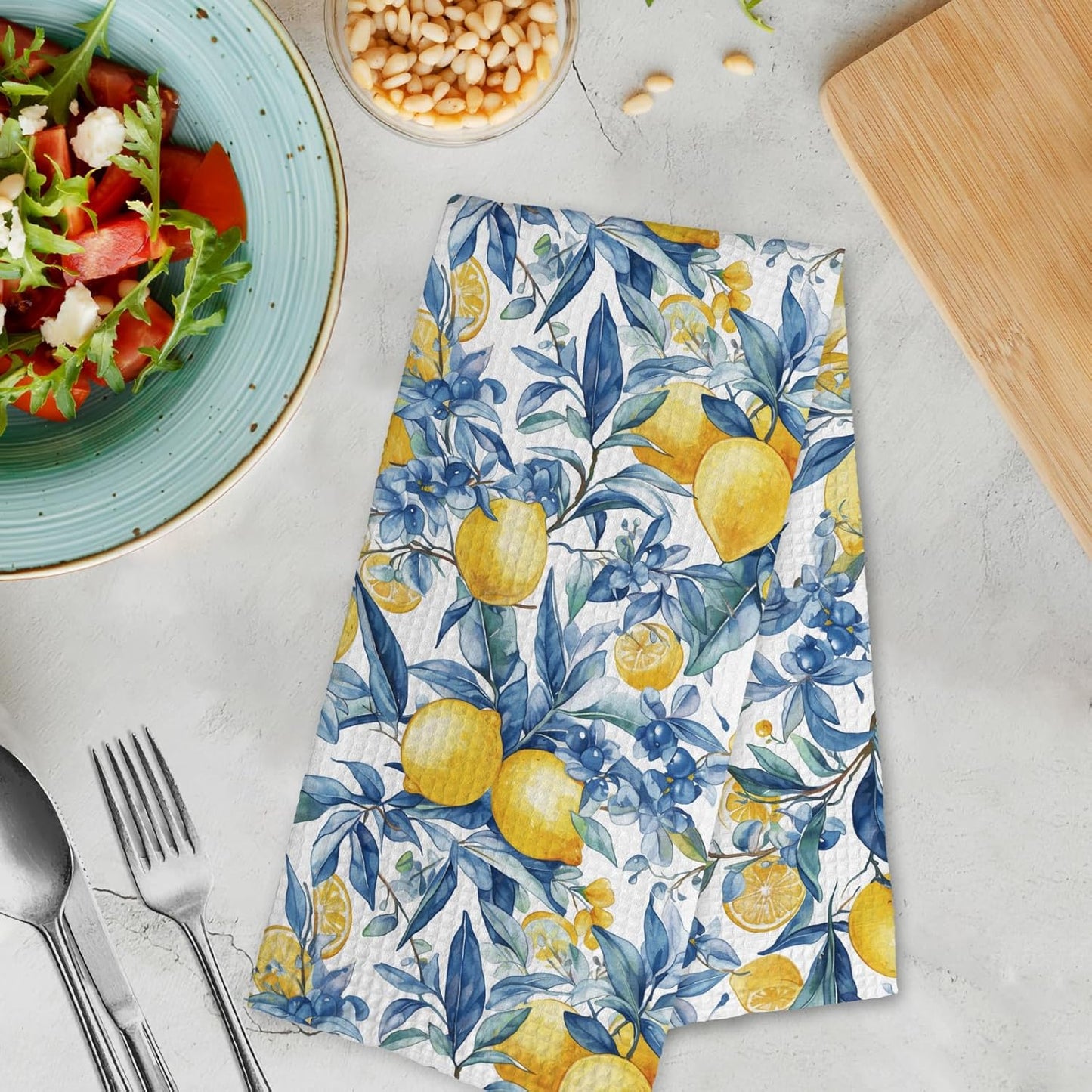 Mediterranean Lemon Kitchen Towels Set of 2, Mediterranean Bathroom Decor, Lemon Coast Decor Dish Towel, Sicilian Lemons Decorative Hand Tea Towels for Bathroom Kitchen Decor, 16x24 Inch