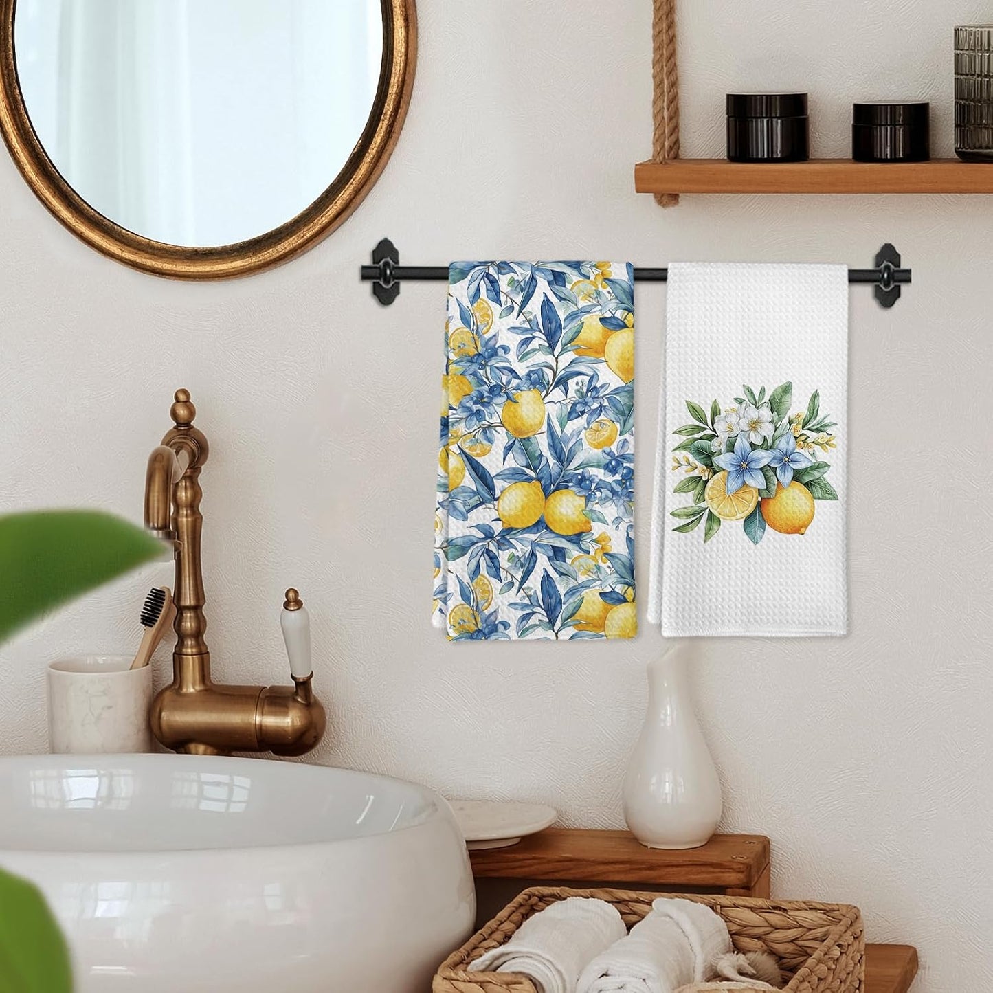 Mediterranean Lemon Kitchen Towels Set of 2, Mediterranean Bathroom Decor, Lemon Coast Decor Dish Towel, Sicilian Lemons Decorative Hand Tea Towels for Bathroom Kitchen Decor, 16x24 Inch