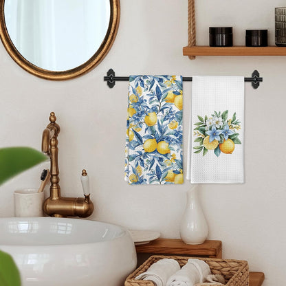 Mediterranean Lemon Kitchen Towels Set of 2, Mediterranean Bathroom Decor, Lemon Coast Decor Dish Towel, Sicilian Lemons Decorative Hand Tea Towels for Bathroom Kitchen Decor, 16x24 Inch