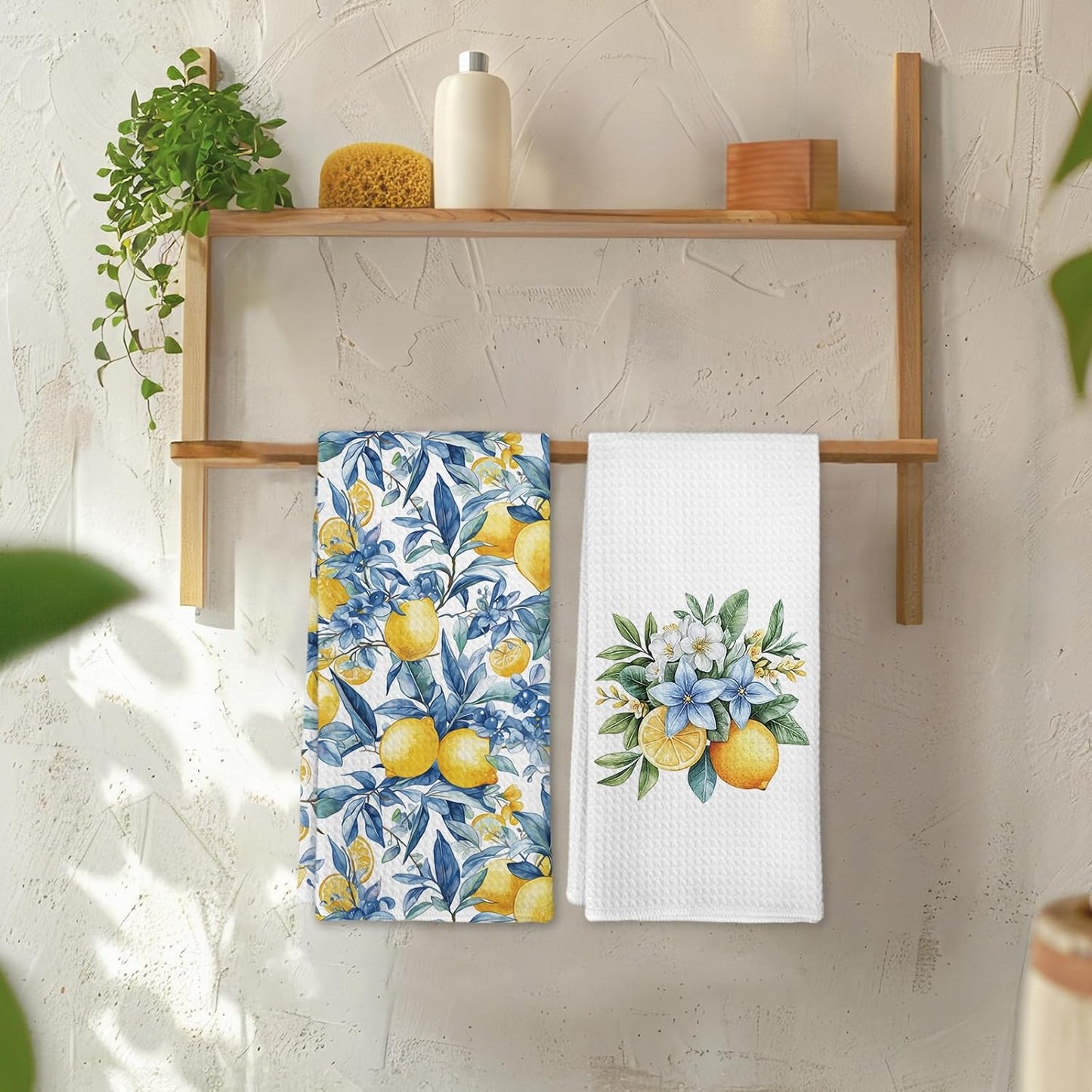 Mediterranean Lemon Kitchen Towels Set of 2, Mediterranean Bathroom Decor, Lemon Coast Decor Dish Towel, Sicilian Lemons Decorative Hand Tea Towels for Bathroom Kitchen Decor, 16x24 Inch