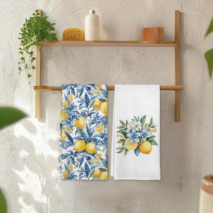 Mediterranean Lemon Kitchen Towels Set of 2, Mediterranean Bathroom Decor, Lemon Coast Decor Dish Towel, Sicilian Lemons Decorative Hand Tea Towels for Bathroom Kitchen Decor, 16x24 Inch