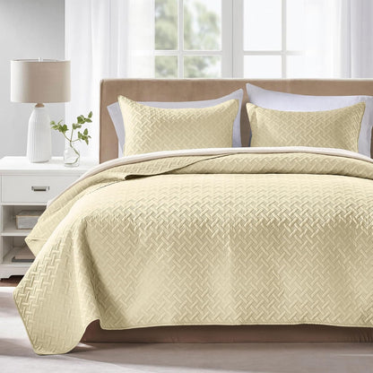 Twin Quilt Set,Lightweight Butter Yellow Bedspreads,Basket Weave Pattern,Ultra Soft Microfiber Bedspread Bed Coverlet 2 Pieces for All-Seasons (1 Quilt,1 Shams)