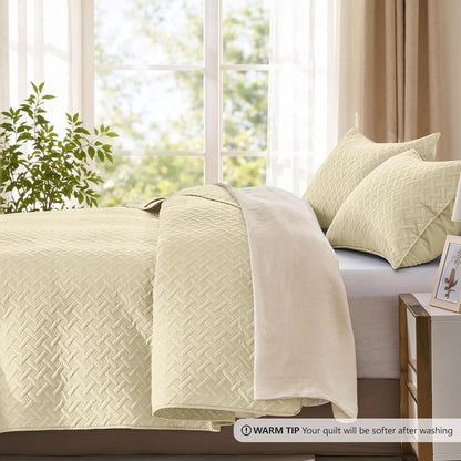 Twin Quilt Set,Lightweight Butter Yellow Bedspreads,Basket Weave Pattern,Ultra Soft Microfiber Bedspread Bed Coverlet 2 Pieces for All-Seasons (1 Quilt,1 Shams)