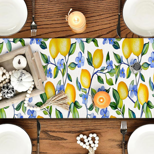 Yellow Lemon Flower Summer Table Runner 13 x 72 Inches Runners for Tables Spring Decorations for Home Indoor and Outdoor Party Decor