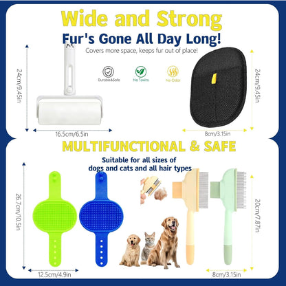 4-in-1 Pet Hair Remover and Grooming Kit for Dogs Cats, Reusable Lint Roller, Deshedding Glove, De-Shedding Tool for Fur Removal and Silicone Bath Brush for Dog Cat Furniture Clothing Car Seats, Blue