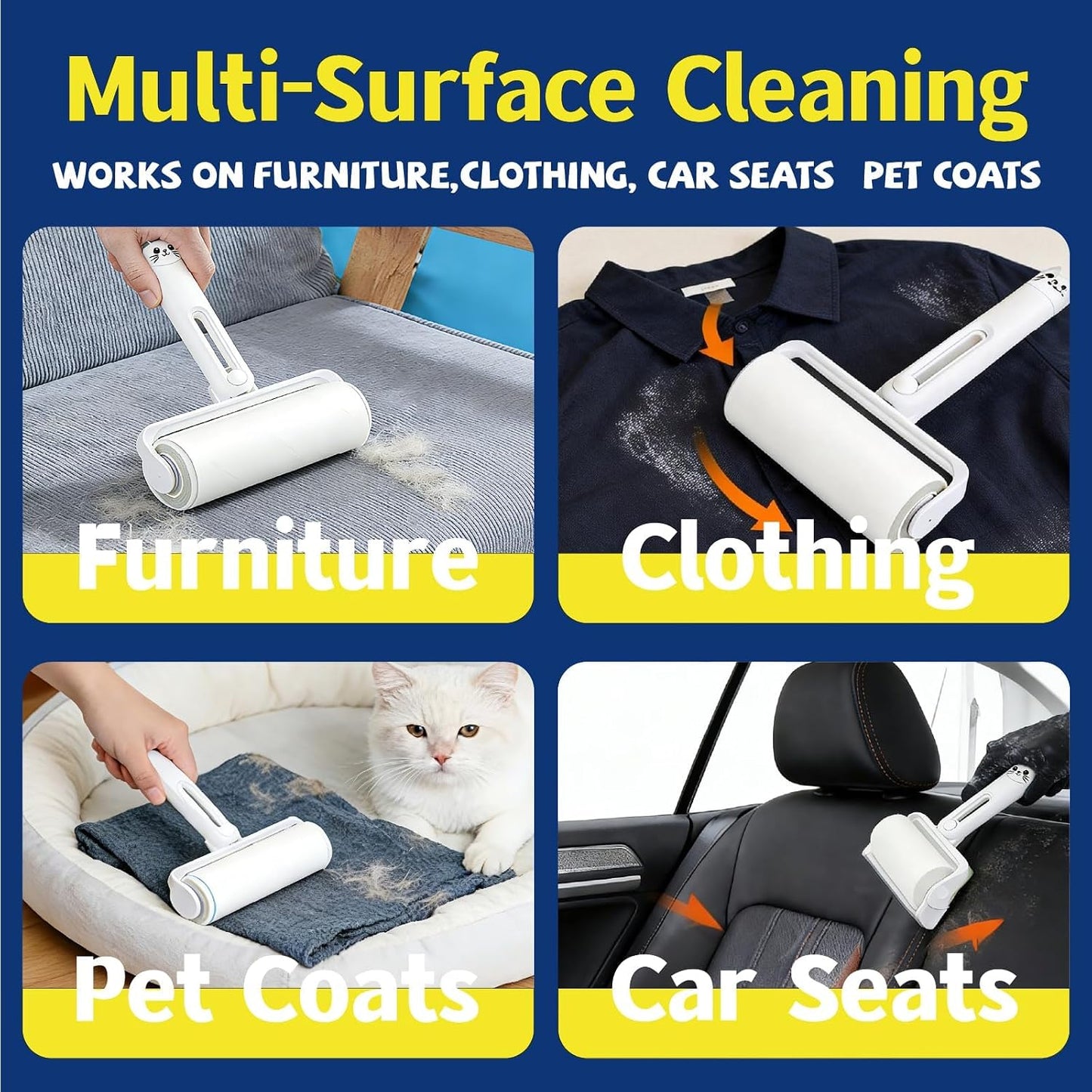4-in-1 Pet Hair Remover and Grooming Kit for Dogs Cats, Reusable Lint Roller, Deshedding Glove, De-Shedding Tool for Fur Removal and Silicone Bath Brush for Dog Cat Furniture Clothing Car Seats, Blue
